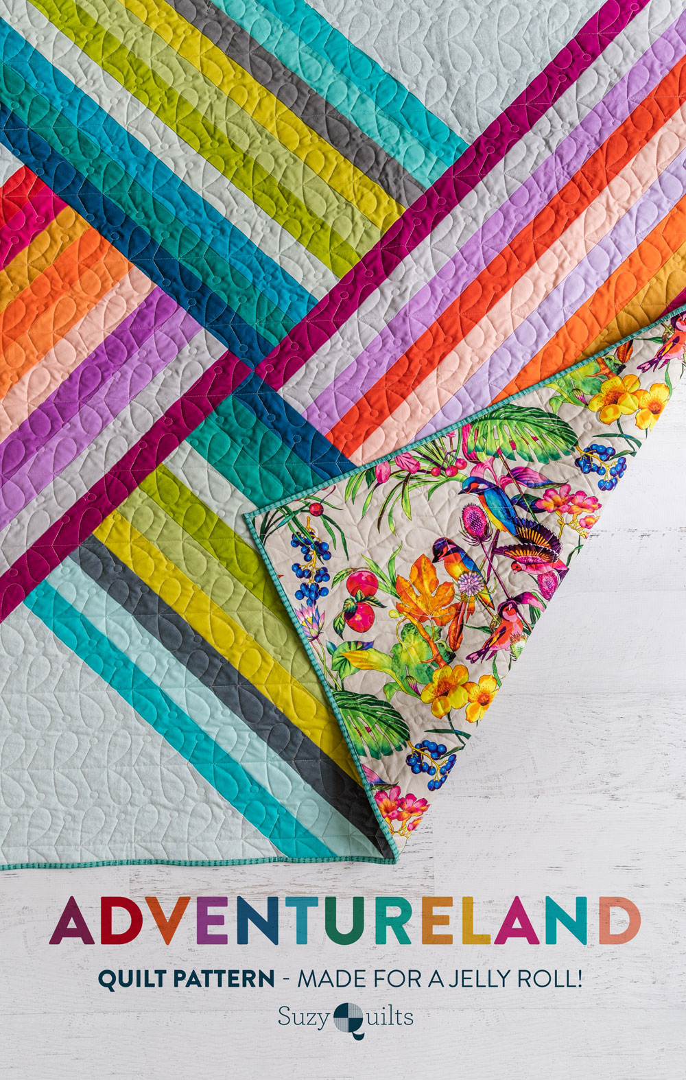 Adventureland is the best modern quilt pattern for a beginner quilter. You can use yardage, a jelly roll or scrap fabric! suzyquilts.com