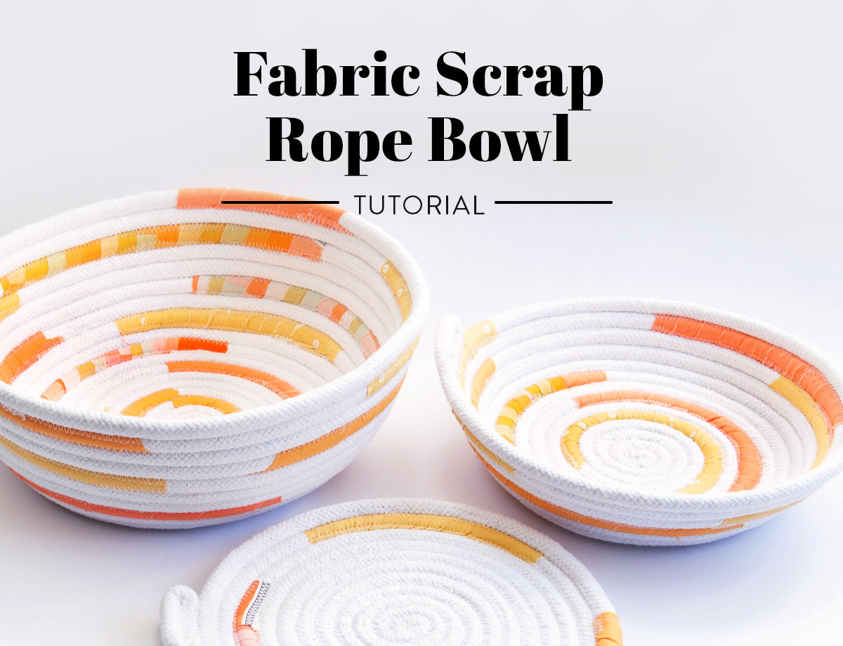 This fabric scrap rope bowl tutorial is simple to follow and will show you how to make a beautiful decoration using leftover fabric. suzyquilts.com #sewingdiy #sewingtutorial