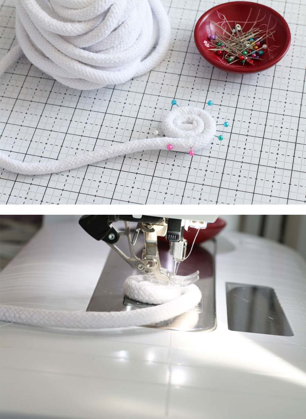 This fabric scrap rope bowl tutorial is simple to follow and will show you how to make a beautiful decoration using leftover fabric. suzyquilts.com #sewingdiy #sewingtutorial