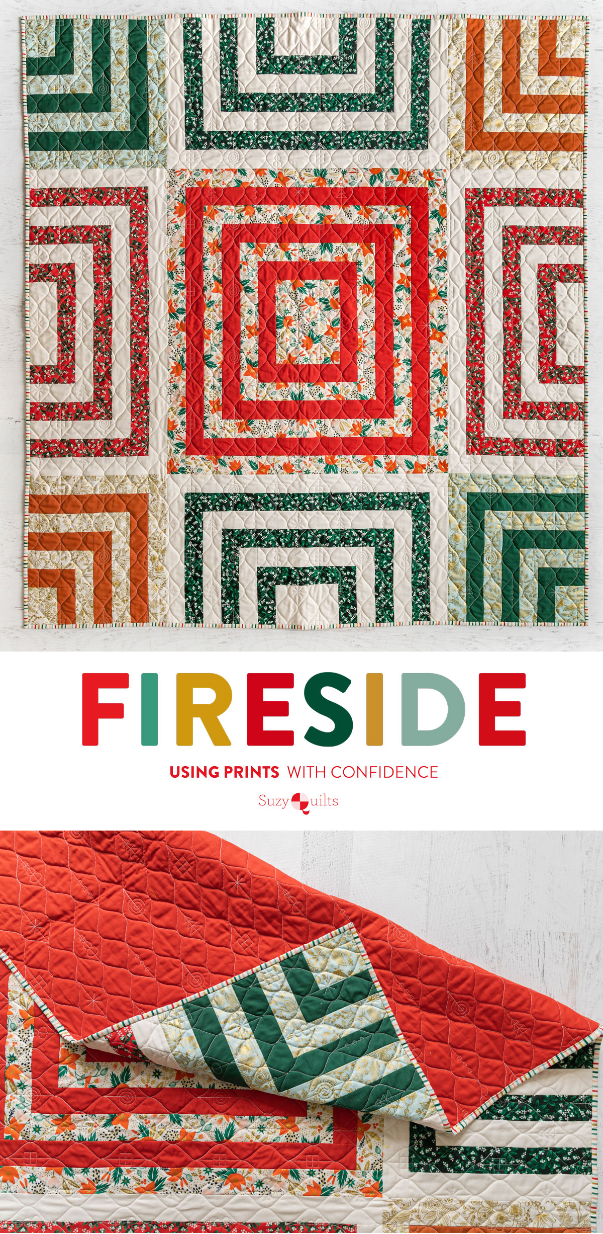 Fireside is big, bold and beginner friendly! Use lots of different kinds of prints to make this fun sewing pattern. suzyquilts.com