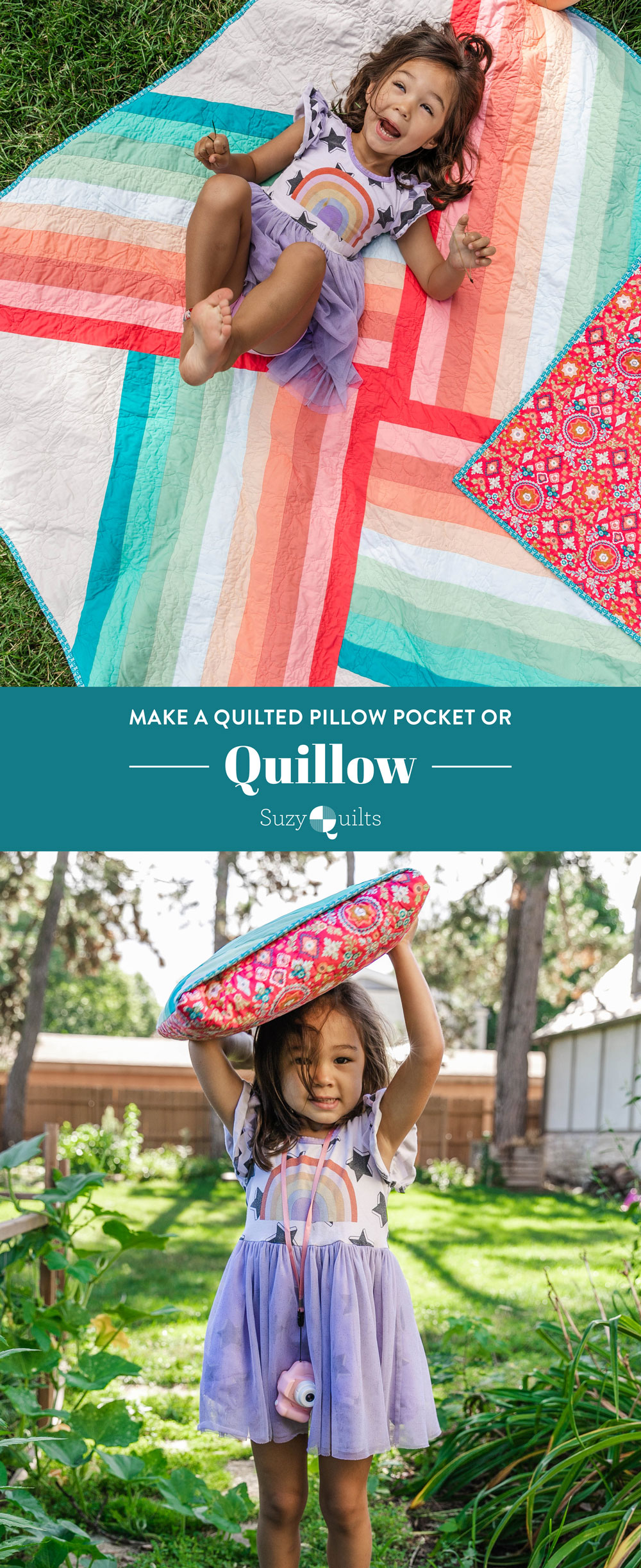 The best way to make a quillow (or quilted pillow pocket.) Use leftover scraps from making the popular Adventureland quilt pattern to add a pocket for easy folding and travel! suzyquilts.com #sewingDIY #quiltpattern