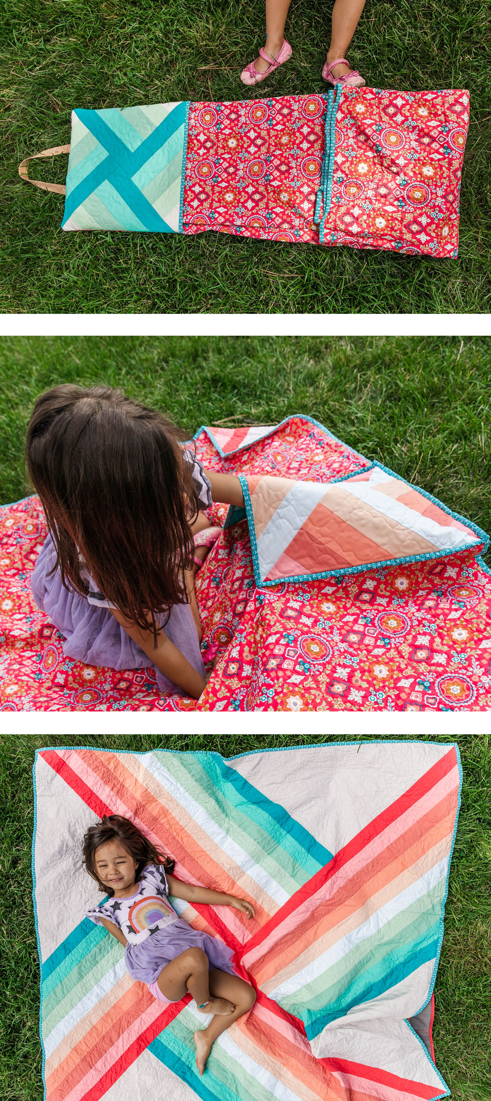 The best way to make a quillow (or quilted pillow pocket.) Use leftover scraps from making the popular Adventureland quilt pattern to add a pocket for easy folding and travel! suzyquilts.com #sewingDIY #quiltpattern