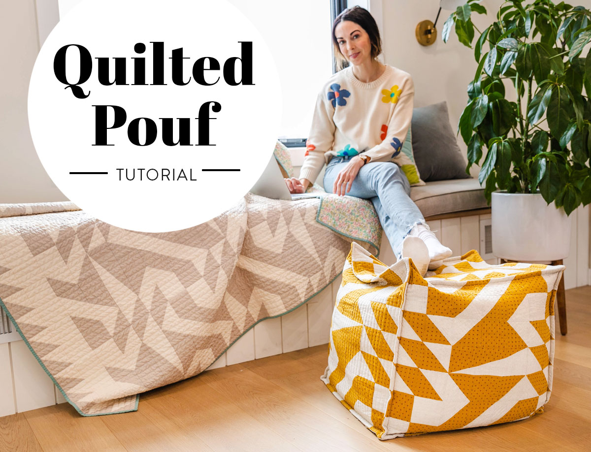 Use the Voyage pattern in this quilted pouf tutorial. This square floor pouf DIY is perfect for a living room, playroom or office! suzyquilts.com