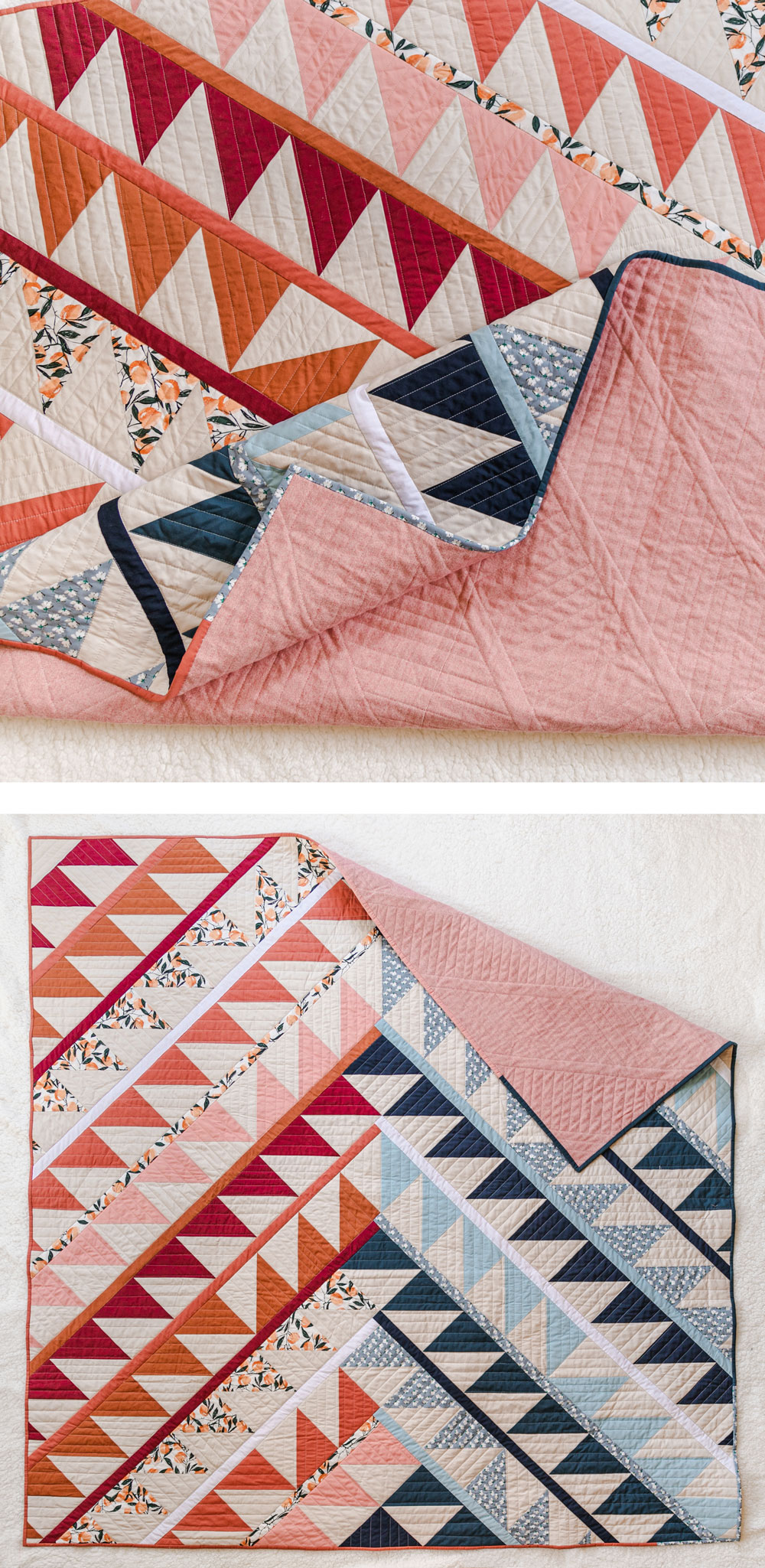 Easy Half Square Triangles Tutorial: A blue, pink, and orange Gather quilt is shown partially folded with a pink backing. suzyquilts.com #quilting #sewingdiy