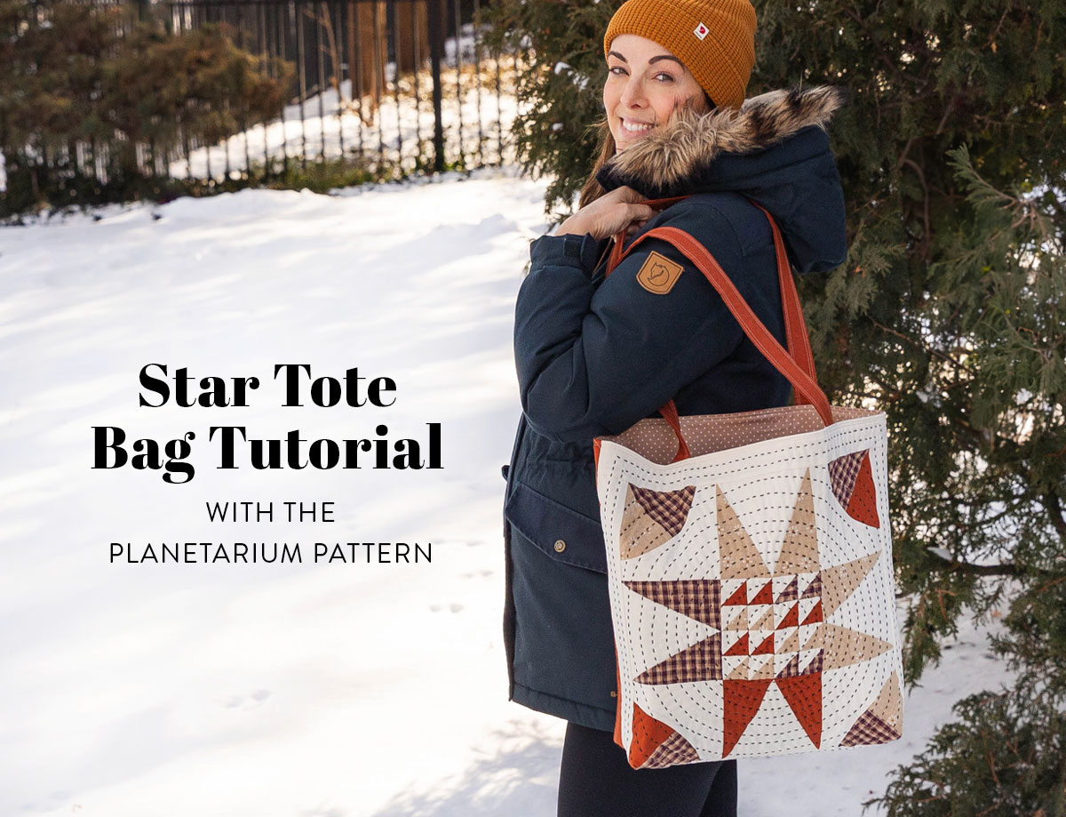 This star tote bag tutorial walks you through all the steps to create a bag using a block from the Planetarium quilt pattern!