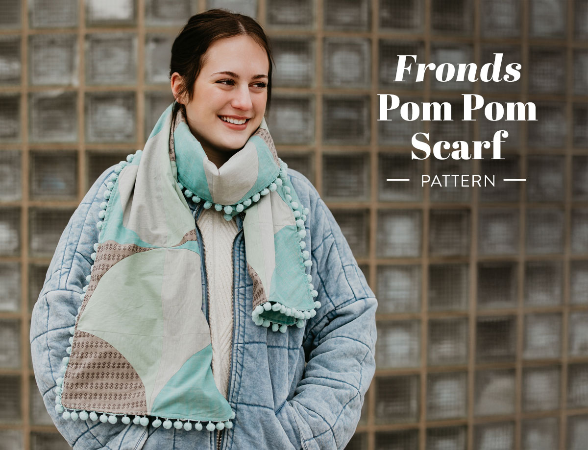Handmade Pom Pom Scarf using the Fronds quilt pattern at suzyquilts.com